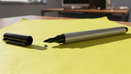 A silver marker pen with its cap off rests on a yellow textured surface