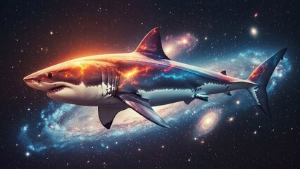 Fototapeta premium A shark swims through a vibrant nebula, cosmic patterns swirl on its skin