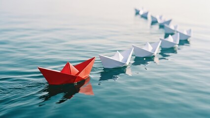 A single red paper boat leads a line of white boats across calm water