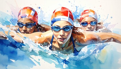 Female swimmer in swim meet doing sport illustration.