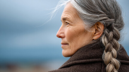 Elderly woman with long braid reflecting on calan gaeaf traditions