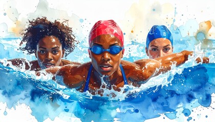 Female swimmer in swim meet doing sport illustration.