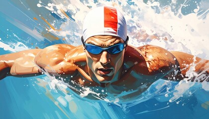 Male swimmer in swim meet doing sport illustration.