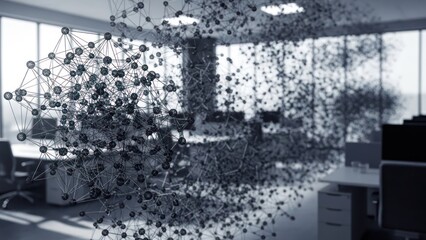 Abstract digital network data visualization overlaying a modern, empty office space