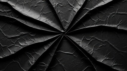 Abstract black paper fan with deep creases, radial pattern, dramatic shadows