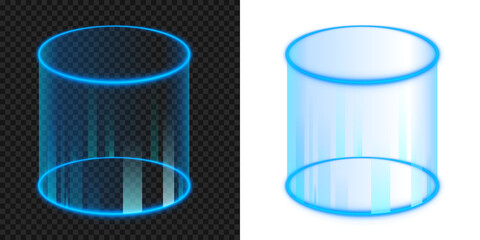 Blue glowing 3d cylinder glass room teleport portal overlay for futuristic science fiction scenes on transparent background © SharminAkter