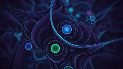Abstract digital art with swirling organic shapes and glowing spheres