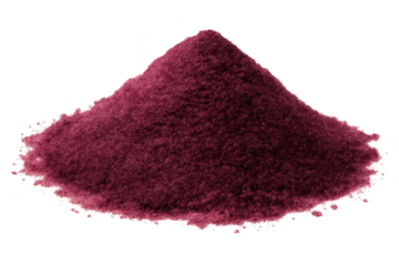 Burgundy powder heap on transparent background, isolated closeup view