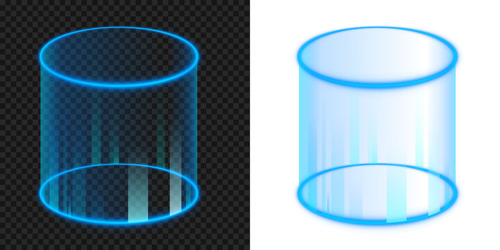 Blue glowing 3d cylinder glass room teleport portal overlay for futuristic science fiction scenes on transparent background