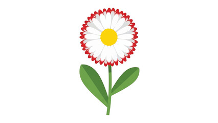 A stylized daisy with yellow center, white petals, and red tips