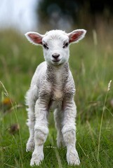 Fototapeta premium Adorable white lamb in a green pasture, gazing curiously with soft eyes
