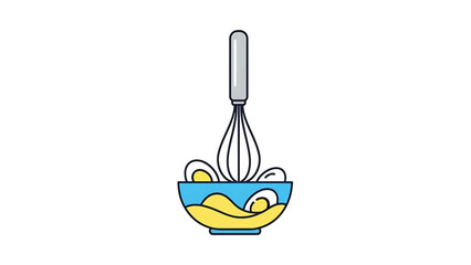 A whisk mixes yellow liquid and white egg whites in a blue bowl