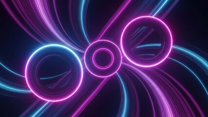 Abstract neon rings and swirling light trails in electric blue and vibrant pink