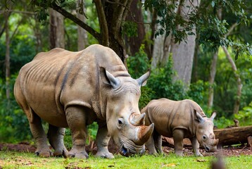 Obraz premium Adult white rhino and its calf grazing peacefully in a lush green forest