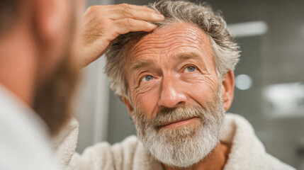Elderly man inspecting hair for hair loss diagnosis and treatment consideration