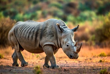 Fototapeta premium Rhinoceros walking through a sun-drenched, arid African savanna landscape