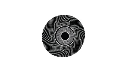 A striking black and white radial design with intricate swirling lines forming concentric circles