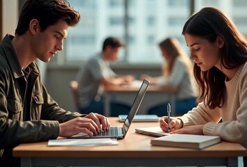 Students collaborating on project in modern library