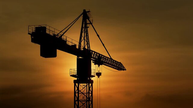 Silhouette of a construction crane against a sunset sky