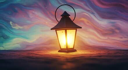a lantern sitting on a sandy beach at sunset with a colorful sky