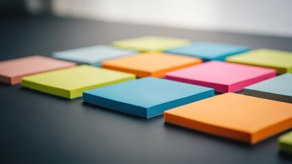 Array of colorful note papers arranged on a dark surface