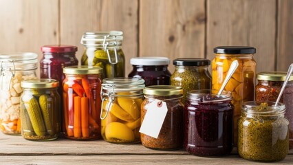 Assorted preserved foods in glass jars on a wooden surface