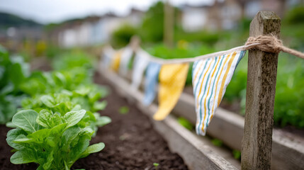 Community garden week celebration with colorful flags and vegetables
