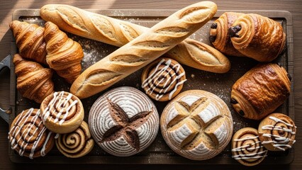 Assortment of fresh baked goods, bread, and pastries arranged on wooden board