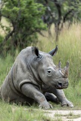 Obraz premium A young white rhinoceros rests peacefully on the ground amidst green and brown