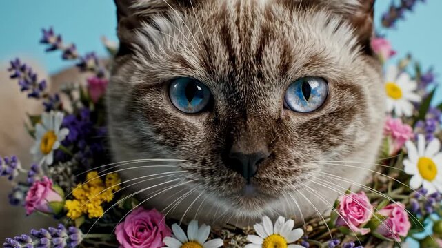 Siamese cat adorned with flower garland. Cream fur feline wearing lavender daisy and rose wreath. Beautiful pet portrait in blooming floral necklace concept.