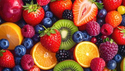 Fototapeta premium Vibrant Assortment of Fresh Berries Oranges and Kiwis Displayed in a Colorful Close Up Macro Shot with Natural Lighting