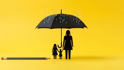 Black umbrella shields stick figures of a mother and two children from falling raindrops