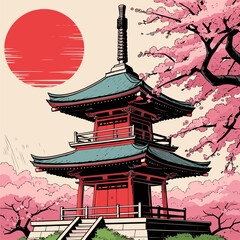 Japanese pagoda vector illustration with bright colors