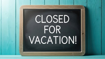 Black chalkboard with "CLOSED FOR VACATION!" message on a blue wooden surface