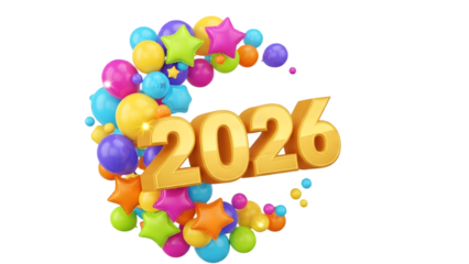 Happy new year 2026 celebration with colorful balloons