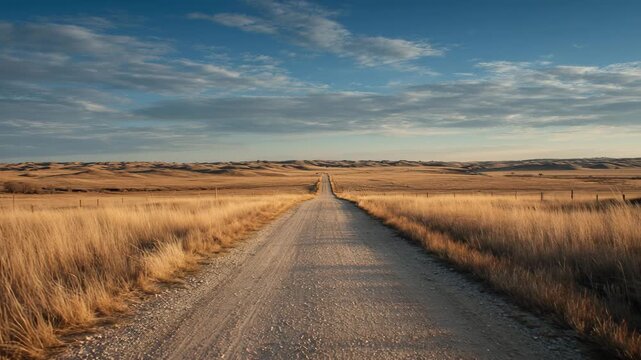 4K Long straight dirt road leading through dry golden prairie grass and rolling hills under a dramatic blue sky with clouds at sunrise or sunset video