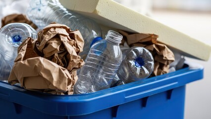 Blue bin overflows with plastic bottles, crumpled paper, and foam