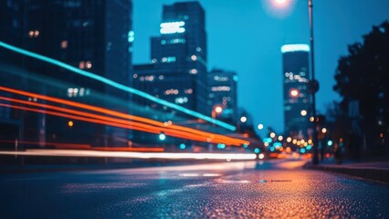 Blurry city lights streak across a wet road at dusk