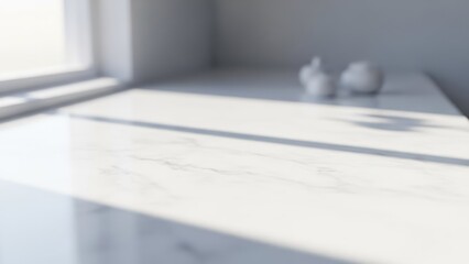 Bright, blurred kitchen counter with decorative objects catching sunlight
