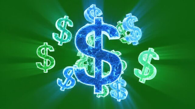 Glowing blue and green dollar signs floating on dark green background with radiant beams