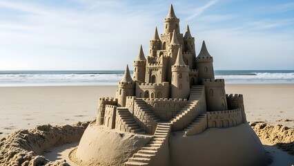 Impressive sandcastle built on a sandy beach with the ocean in the background