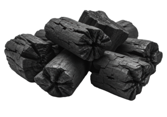 close-up macro shot of highly textural, velvety matte black hardwood lump charcoal pieces showing fractal crevices against a transparent seamless background with dramatic shadow. concept of premium