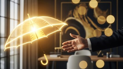 Businessman offers glowing transparent umbrella, symbolizing protection, security, wealth