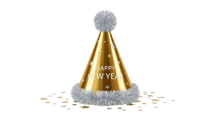 Happy new year celebration with golden party hat and confetti