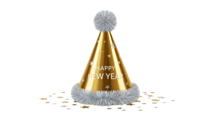 Happy new year celebration with golden party hat and confetti