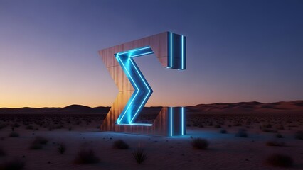 A conceptual 3d render of a massive wooden sigma symbol glowing with vibrant blue neon light, illuminated against the mysterious twilight desert sky.
