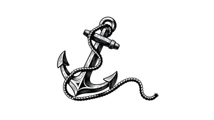 A detailed black and white illustration of a classic nautical ship anchor