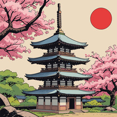 Japanese pagoda vector illustration with bright colors