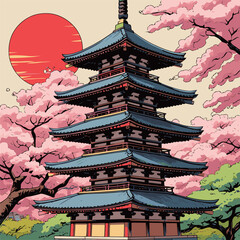 Japanese pagoda vector illustration with bright colors