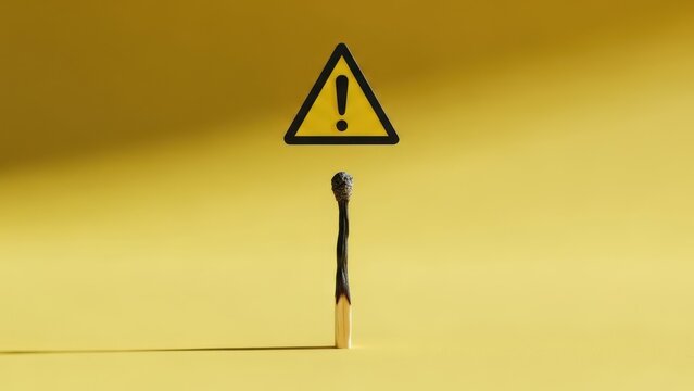Burnt matchstick under yellow warning triangle, representing burnout